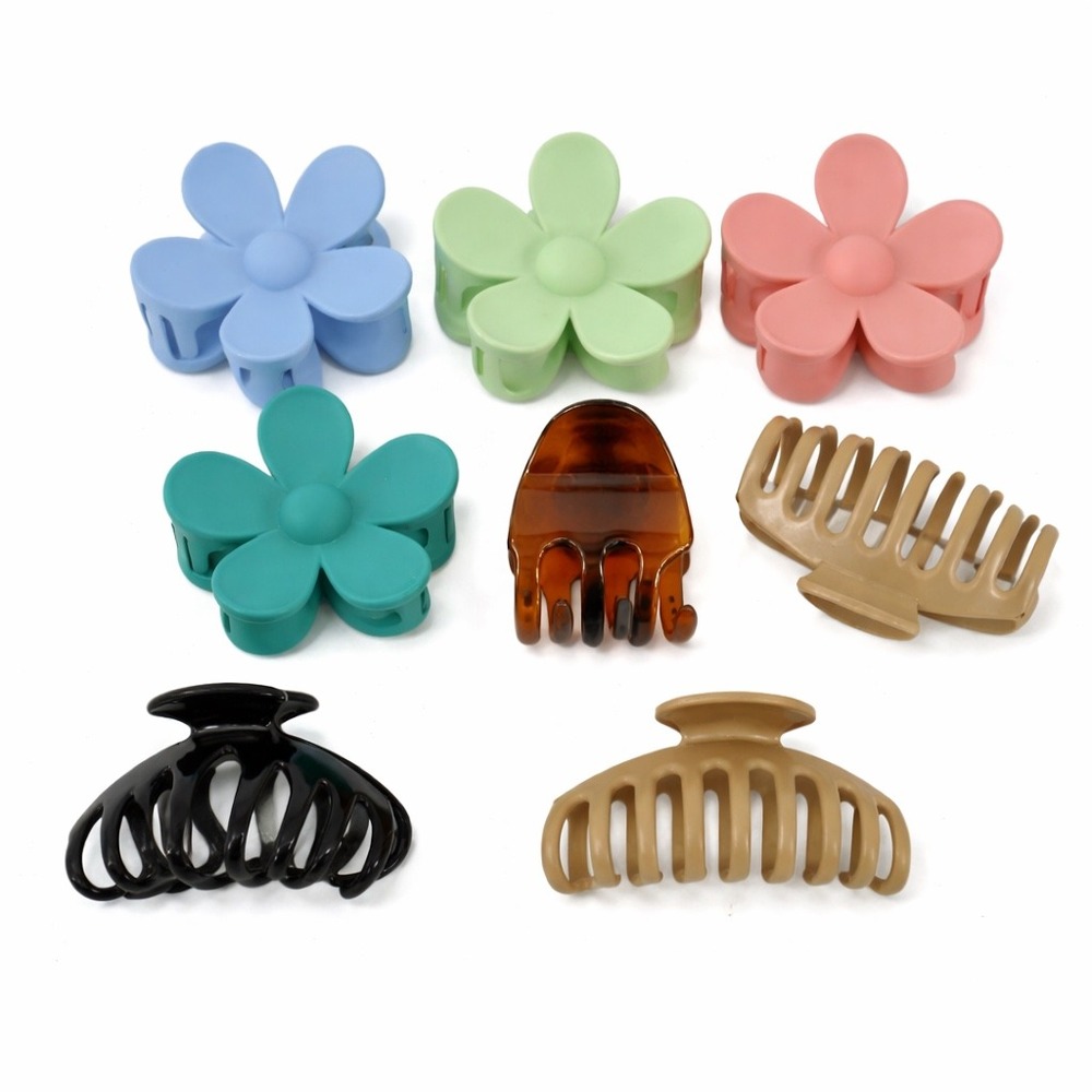 7pc Flower and Classic Hair Claw Clip Set Matte Pastel Tortoise Black Tan